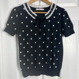 Black and White Dot Tie-Neck Short Sleeve Blouse